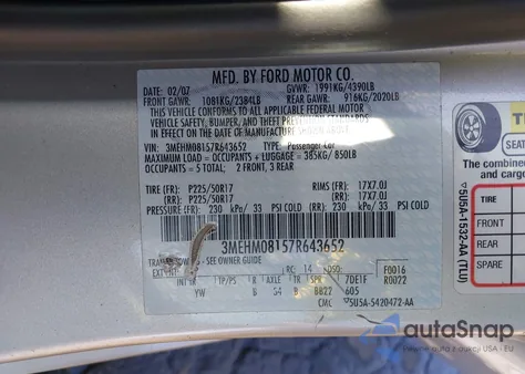 2007 Mercury Milan V6 Premier из США, поврежденный, VIN 3MEHM08157R643652